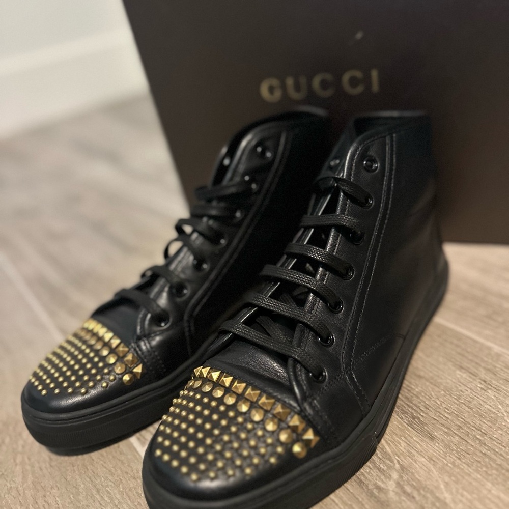 Gucci Black and Gold Studded High-Top Sneakers